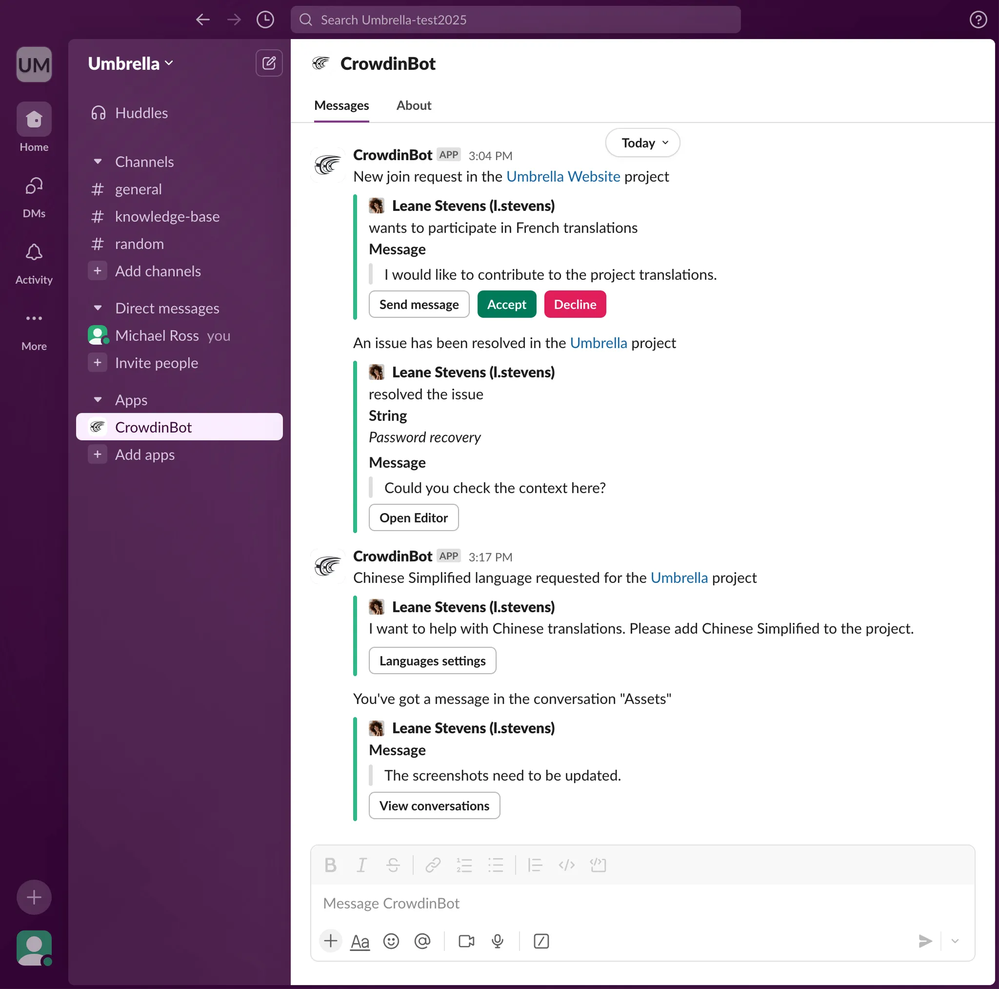 Crowdin-Benachrichtigungen in Slack